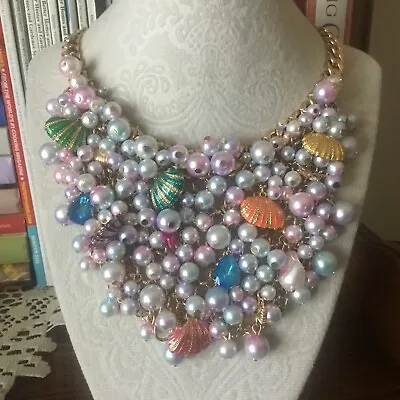 $79.99 • Buy Betsey Johnson Betsey's Beach Pearl Seashell Necklace Bib Statement Chunky NEW