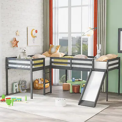 L-Shape Loft Beds With Slide Twin Loft Bed Frame Corner Bunk Bed For 2 Kids Wo • $478.99