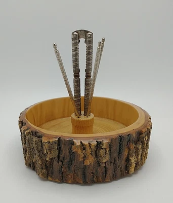 $19.90 • Buy Vintage Wooden Bark Nut Cracker Set 7.5  Bowl W/ Nutcracker & 5 Picks Rustic