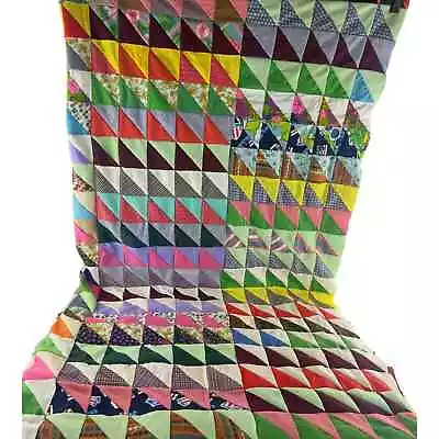 Quilt Hand Stitched Handmade Vintage TOP Only Patchwork Triangles Unfinished • $29.99