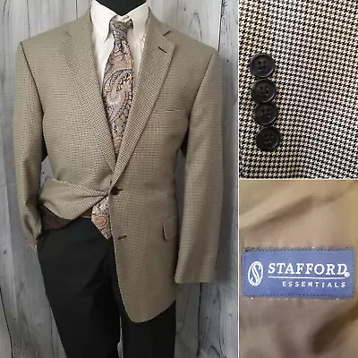 Stafford Men's Blazer 46-48 R Brown Houndstooth Geometric Wool Sport Coat Jacket • $38.50