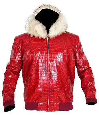 Mens Crocodile Hooded Fur Red Faux Leather Moto Biker Jacket • $125.99