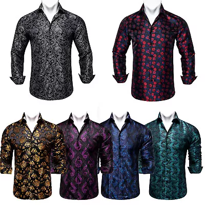 Blue Purple Mens Silk Shirt Paisley Floral Casual Shirts Long Sleeve Slim Tops • £19.99