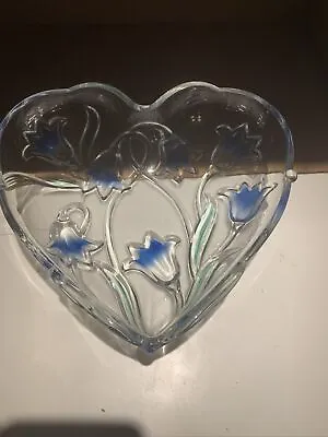 WALTHER MIKASA BLUEBELLS HEART BOWL Germany Crystal Blue Floral Flower Dish • $12.45