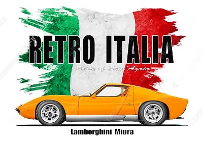 LAMBORGHINI MIURA  T-shirt.  RETRO ITALIA. CLASSIC CAR. OLD SKOOL. FLAG. • £15