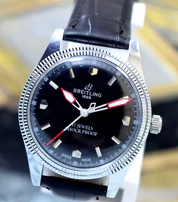 Vintage Breitling Black Dial 17 Jewels Hand Wind Mechanical Men's Wrist Watch • $89.99
