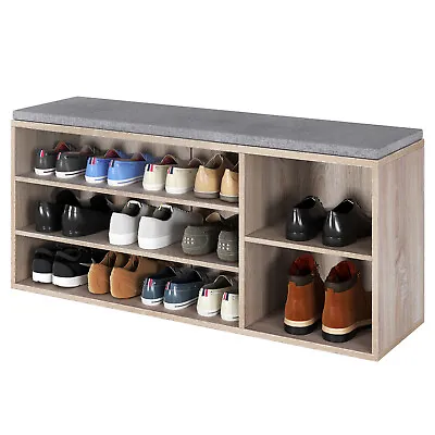 £59.99 • Buy Shoe Storage Bench 3 Tiers Wooden Shoe Organizer With Adjustable Shelf & Cushion