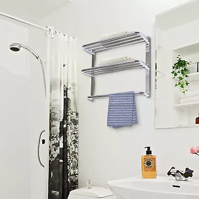 2 Tier Wall Mounted Towel Rack Bathroom Hotel Rail Holder Storage Shelf Chrome • $31