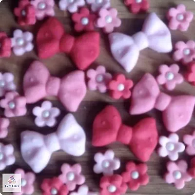 36 Piece Edible Pink Bows & Flowers Fondant Sugar CakeCupcake Toppers Decoration • £5.99