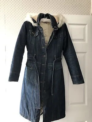 Ladies Vintage 90s Hooch Denim Trench Coat With Detachable Faux Fur Hood Size 8 • £40