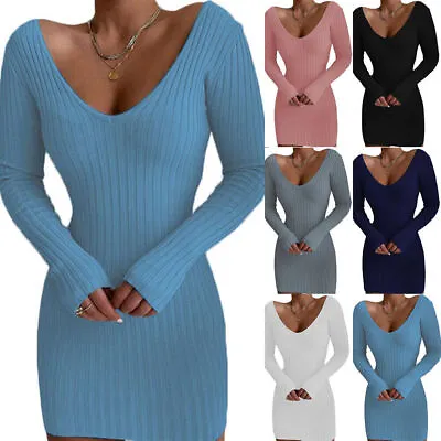 $29.39 • Buy Women Sexy Slim V Neck Knitted Jumper Dress Long Sleeve Party Bodycon Mini Dress