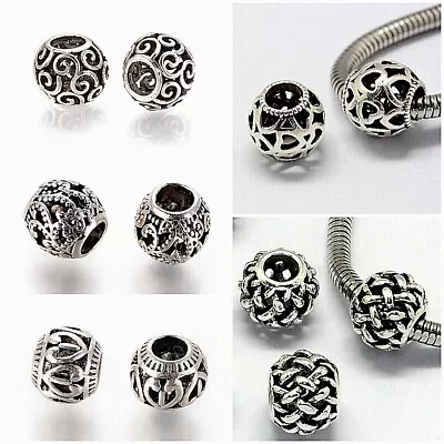 10 ROUND~ANTIQUE SILVER~HOLLOW~EUROPEAN~METAL BEADS 10x 9.5 Mm LARGE HOLE • £4.49