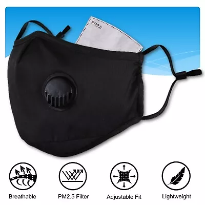 Reusable And Washable Cloth Cotton Face Mask Air Valve PM2.5 Carbon Filter Black • $4.99