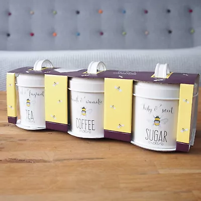 Bee Happy Set Of 3 Kitchen Canisters Painted Steel Coffee Tea And Sugar Canister • £23.49