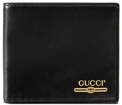 Gucci Black Leather Bi-Fold Wallet With Gold Gucci Logo (8 Slots) New Authentic • $199.99