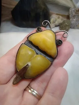 $191.25 • Buy MEXICO Sterling Silver Vintage Yellow Jade Carved Scarab Beetle Brooch Pin  2.5 