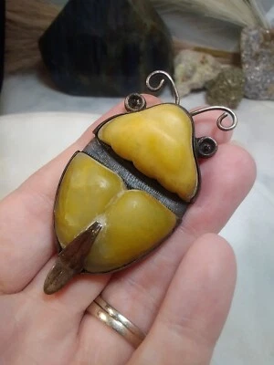 $191.25 • Buy MEXICO Sterling Silver Vintage Yellow Jade Carved Scarab Beetle Brooch Pin  2.5 