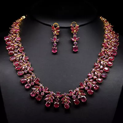 Gemstone Jewelry Set Natural Red Ruby Necklace-Earrings 925 Silver Sterling • $3499