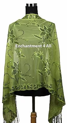 Elegant Lace Floral Pattern Scarf Shawl Wrap W/ Sequin & Crochet Fringe Green • $13.29