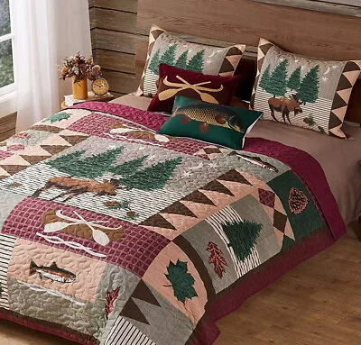 MOOSE LODGE 3pc Full / Queen QUILT SET : BEAR FISH DUCKS PINE CABIN MOUNTAIN • $74.45