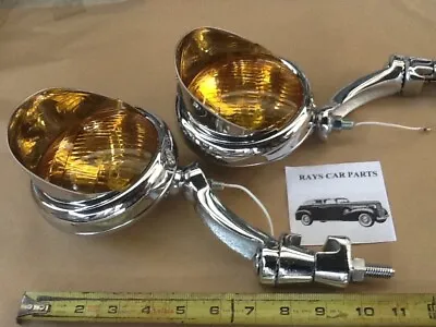 12 Volt Small Vintage Style Fog Lights / Visors And Chrome Brackets ! • $130.99