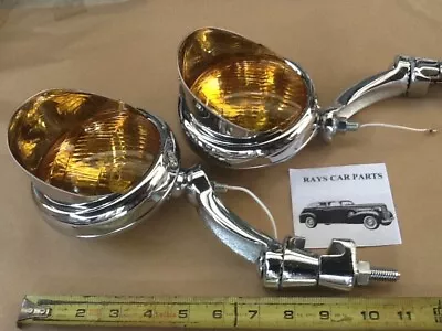 New Set 6 Volt Small Vintage Style Fog Lights / Visors And Chrome Brackets ! • $130.99