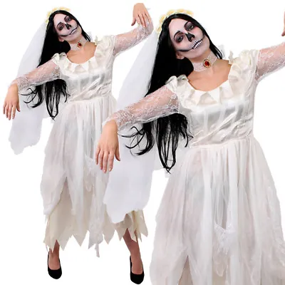 Ladies Zombie Ghost Bride Corpse White Fancy Dress Halloween Wedding Gothic • £6.99