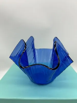 Vintage Glass Handkerchief Bowl Vase Textured Chance Bros  Blue Mid Century • £14.95