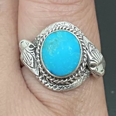 Vintage 925 Sterling Silver Turquoise Double Head Snake Southwestern Ring Size 9 • $74.98