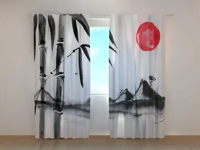 Curtain Beautiful Japanese Watercolor Blind Black Drawing Red Sun Yoga Room • £123.45