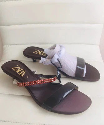 $32.19 • Buy NEW ZARA Brown VINYL BEADED KITTEN HEEL SANDALS Fashion USA 6.5 EUR 37 K18