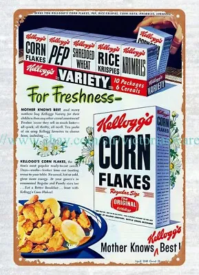 Art Posters 1940s Kellogg's Corn Flakes Cereal Mother Knows Best Metal Tin Sign • £18.21