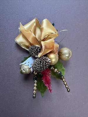 Vintage Christmas Corsage Pick GOLD Holly Leaves Bell Mercury Glass Balls • $19.99