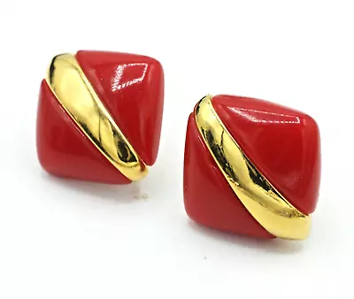 Vintage Monet  Red And Gold Tone Clip On Earrings Designer Signed Bold Chunky • $12