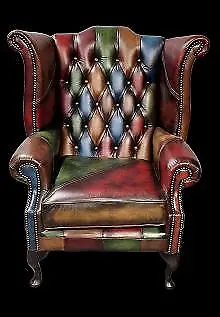 Queen Anne Chesterfield Highback Chair / Patchwork Antique Leathers • £695