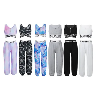 Girls 2 Piece Tracksuit Crop Top With Trousers Set Hip-Hop Dance Running Clothes • $36.03
