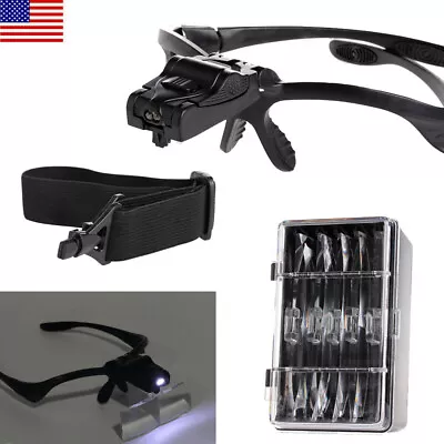 Hands-Free Head Worn Lighted Magnifying Glass Headband Visor 5 Detachable Lenses • $10.93