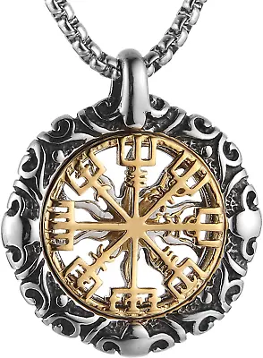 Viking Vegvisir Compass Stainless Steel Necklace Double Hollow Sun Totem Pendant • $67.11