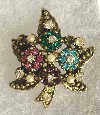 Vintage Estate Fall Leaf Brooch Jewelry Multicolored Rhinestones Faux Pearl • $10.95