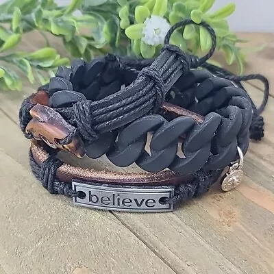 3 Mens Marc Jacobs Rubber Bracelet  Black With 2 Leather Adjustable Bracelets  • $18.50