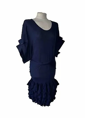 Preen Sz M/l Navy Blue Cotton Scoop Neck S/sleeve Multi Ruffle Hem Loose Dress • $105.79