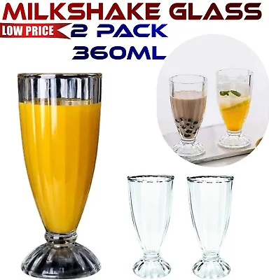 X2 Milkshake Glasses Clear Sundae Ice-Cream Soda Dessert Vintage Tall 360ML UK • £9.49