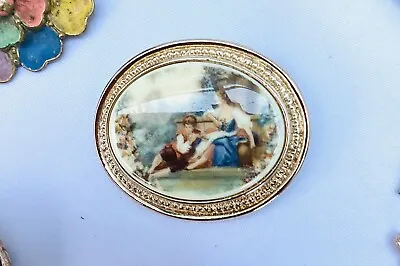 French Vintage Antique Porcelain Brooch Painted Gold Tone • £14.99