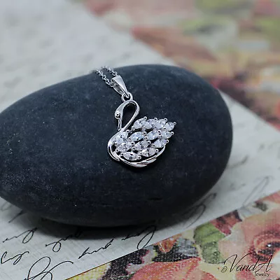 Sterling Silver 925 Swan Lake Pendant CZ Necklace Shiny Water Bird Necklace N162 • $37.99