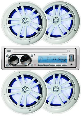 Gravity Marine Boat AM FM BT Receiver +4x Gravity 6.5  Marine Speakers White LED • $119.99