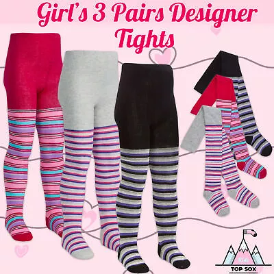 3 Pairs Girls Children Designer Tights School Colour Stripe Everyday Cotton Rich • £9.99
