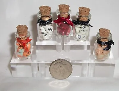 Miniature Set Of 5 Jars  Filled  With  HALLOWEEN BATS  GHOSTS & PUMPKINS #22 • $4.59
