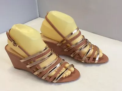 Marco Santi Ivey Pink Gold Slingback Wedge Strappy Heels Sandals Size 8.5 M • $13.50