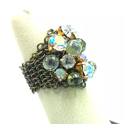 Vintage Aurora Borealis Beaded Antique Gold Tone Chain Ring Size 6 • $18.20