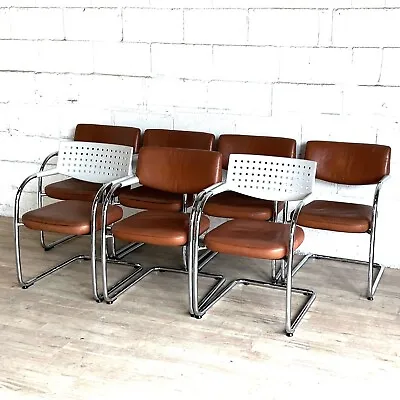 Set Of 7 VITRA VisaVis Brown Leather Chairs Meeting Dining Visitors Cantilever • £999